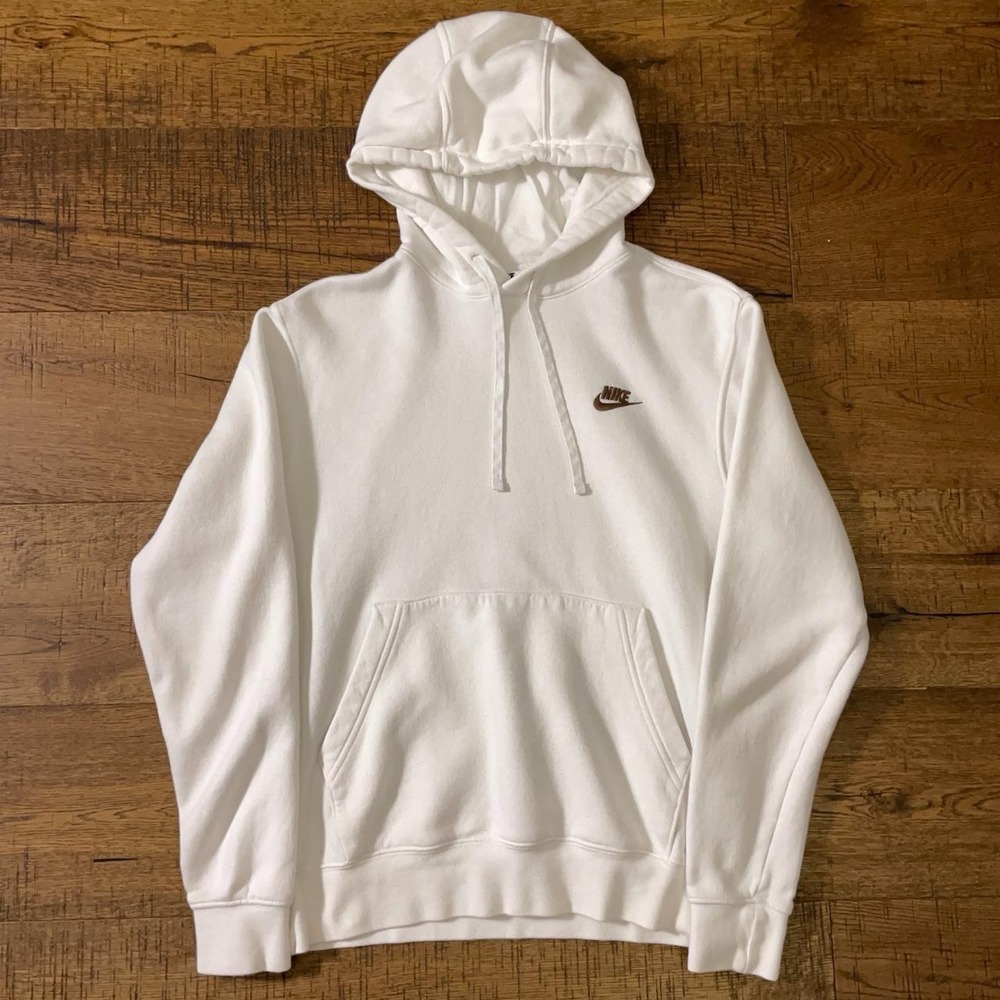 Nike Hoodie Mens Size S White Minimalist Gold Swoosh Fleece Sweatshirt